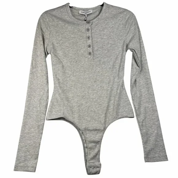 WeWoreWhat Womens Henley Bodysuit Gray Sz M Ribbed Long-Sleeve Comfy Stretch NWT - Picture 9 of 11